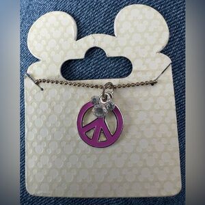 Disney Mickey Mouse Necklace, Fushcia Peace Sign Pendant & Crystal Mickey Charm